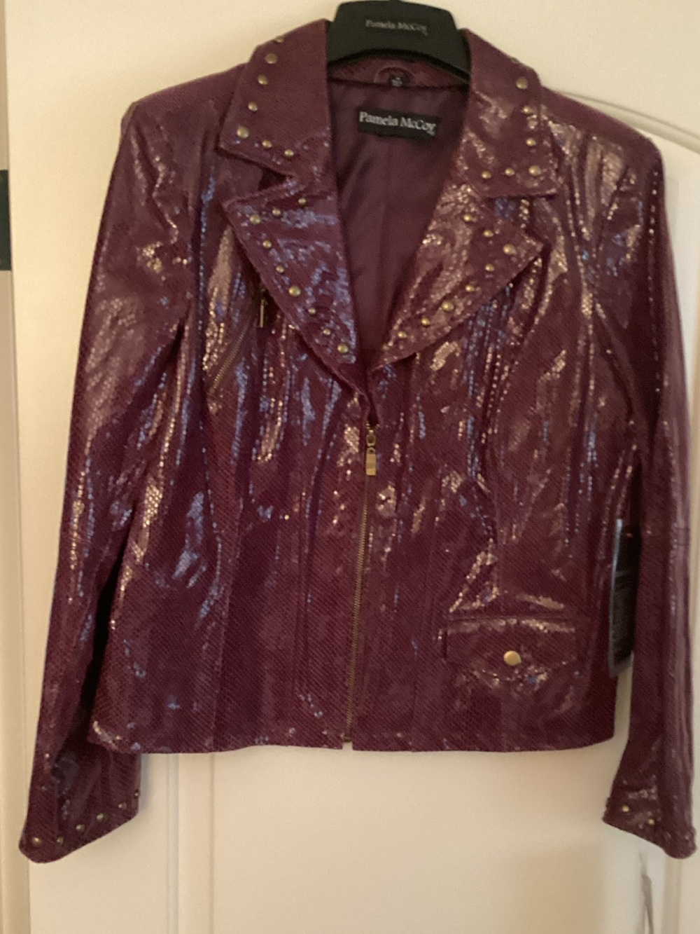 Pamela McCoy Shiny Plum Studded Faux Leather Jacket